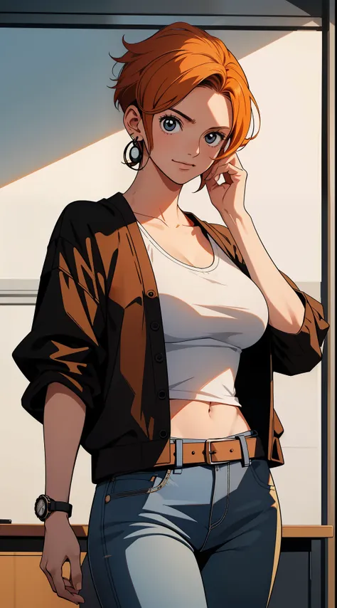 koala from anime one piece, short hair, orange hair, ponytail, beautiful, beautiful woman, perfect body, perfect breasts, wearing white shirt, black cardigan, long jeans, handbag, wearing watch, wearing earrings, in class , on campus, university, blackboar...