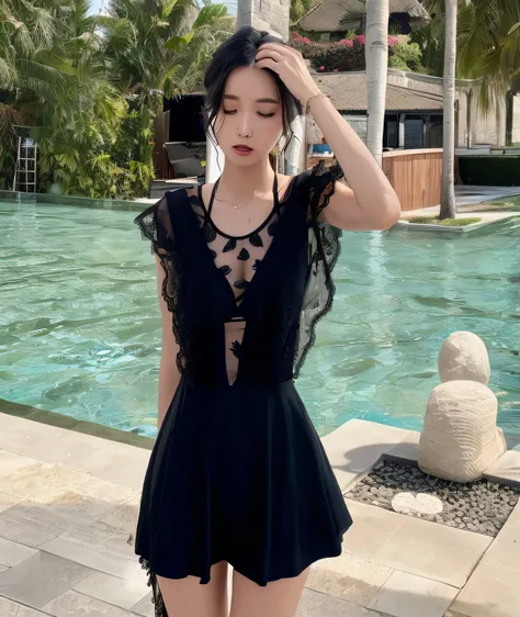 Araf woman in black dress standing in front of swimming pool, wearing two - piece swimsuit, is wearing a swimsuit, , black swimsuit, gorgeous lady, 2 0 2 0 fashion, Bladed Wing Lace Wear, 2263539546], Wings black lace suit, V-shaped bust clothes, swimsuit,...