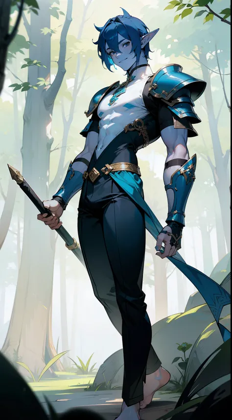 1Shui Ling Boy,High,muscle,20s,alone,((blue skin)),smiley face,White shirt,Black armor pants,blue hair,medium hair,sexy pose,green eyes,elf ears,barefoot,standing in front of a forest,Detailed face,masterpiece,HD,best quality,8k