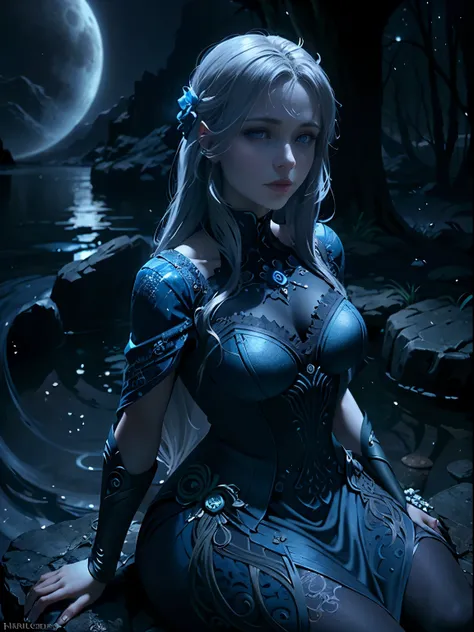 arafed woman in a blue dress sitting on a rock, Lucian, lunar goddess, karol bak uhd, portrait of a norse moon goddess, moonlit night dreamy atmosphere, Fantasy Woman, Goddess of the moon, dream magical、aethereal、darkly, Ethereal beauty, lunar goddess, Bea...