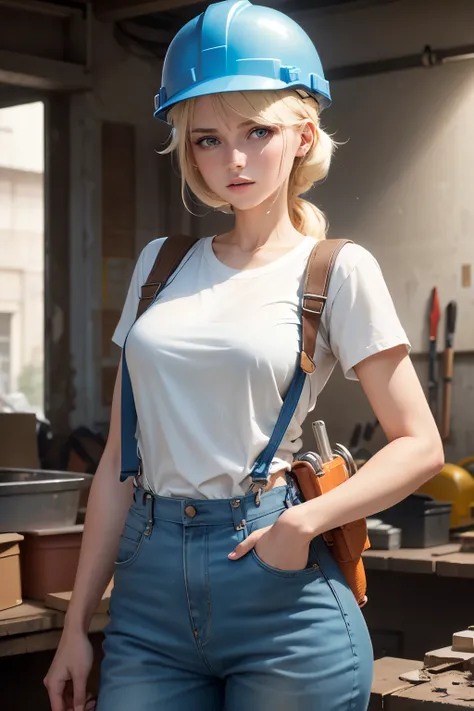 a beautiful young 20-year-old blond woman with pinned-up blond hair, He wears a white T-shirt and blue dungarees, Wearing a construction helmet and a tool belt, Hintergrund eine Baustelle