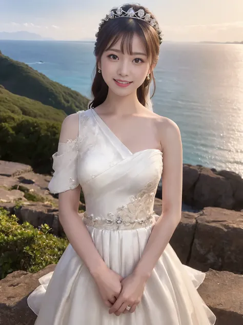 (highest quality, table top:1.2), (realistic:1.3), (非常にdetailed background, detailed background), Bokeh,shot from the side,  ((medium breasts)), [[valley]],(princess line wedding dress:1.3),(((one shoulder:1.3))), bridal tiara, bridal veil, bridal gauntlet...