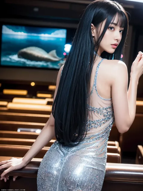 （In 8K, highest quality, pieces fly:1.2)、ultra high resolution、20 year old beauty,super detailed face,fine eyes,long eyelashes,black eye,glossy lips,I will polish,break,silver blue hair,straight hair、long hair,dull bangs,break, mermaid sheer dress,movie th...