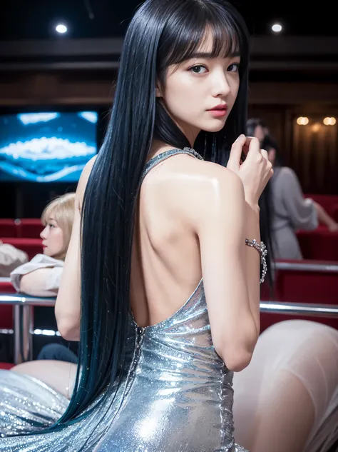 （In 8K, highest quality, pieces fly:1.2)、ultra high resolution、20 year old beauty,super detailed face,fine eyes,long eyelashes,black eye,glossy lips,I will polish,break,silver blue hair,straight hair、long hair,dull bangs,break, mermaid sheer dress,movie th...