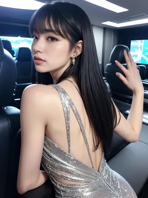 （In 8K, highest quality, pieces fly:1.2)、ultra high resolution、20 year old beauty,super detailed face,fine eyes,long eyelashes,black eye,glossy lips,I will polish,break,silver blue hair,straight hair、long hair,dull bangs,break, mermaid sheer dress,movie th...