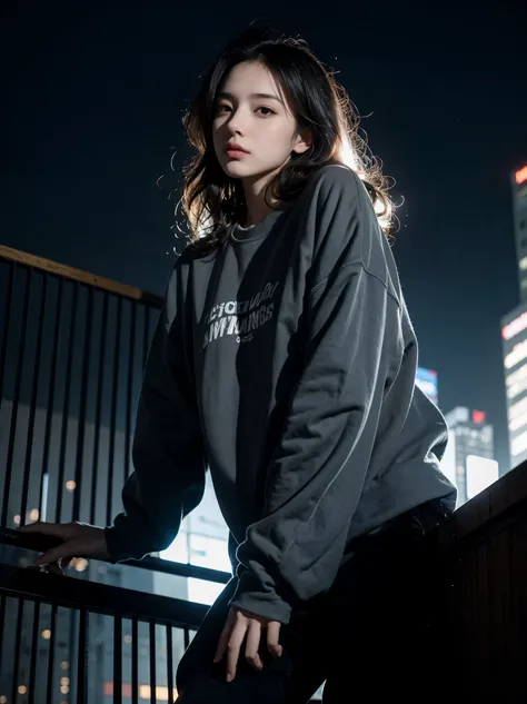 1 girl, beautiful, wavy hair, almond eye, no makeup, grey sweatshirt, oversize_shirt, in front of the fence, city of night, cybe...