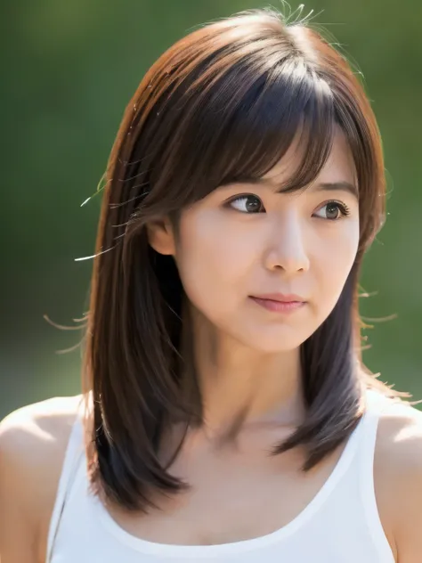 a Japanese lady, 35 years old, (realistic), (hyperrealism), (photorealistic), (8K resolusion), depth of field, (upper-body:1.2), super detailed face, detailed eyes, cute face, various face expression, various hair style, (small breasts:0.6), (very thin wai...
