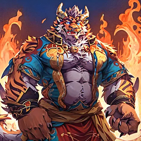 big breasts, male,strong, huge bulge，dragon horns and claws，fangs，chubby, hairy, very plump, middle aged , cover the mustache&#3...