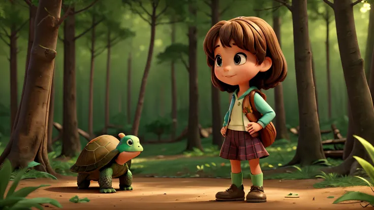 A girl talks to a turtle，standing in the forest，disney pixar style