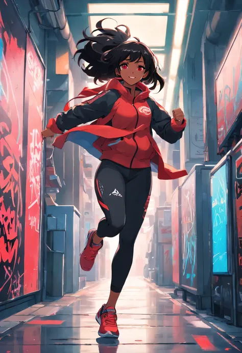 futuristic running shoes, black girl graffiti artist, thick body, black long straight hair down to her butt, red eyes, black leggings, full body pose, anime face, smile, Workout body