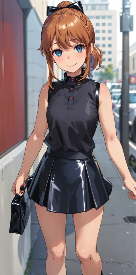 best quality, (masterpiece:1.2), highly detailed, standing, street,
1girl, solo, akatsuki minami,
looking at the viewer, closed mouth, smile, slight blush,
blue eyes, brown hair, ponytail, hair bow, sleeveless, ((dominant girl, latex skirt,  latex shirt))