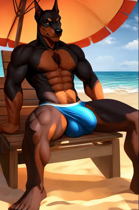 dobermann, sexy, wearing blue underwear, big bulge, masculine, chest tuft, naked, solo, exposed, dominating, seductive, sweaty body, attractive, beach setting, sunny, sitting on sand, umbrella