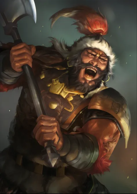 Close-up of a man with a big axe in his hand, Inspired by Hu Zaobin, Guan yu, Berserker Portrait, bian lian, Mongol, Sun Wukong, Inspired by Huang Shen, Inspired by Li Kan, Inspired by Wu Bin, portrait berserker barbarian, , wukong, Inspired by Li Gonglin