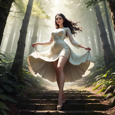 ((best quality)), ((masterpiece)), (detailed),In a dense, mysterious forest, an animated woman emerges, her attire comprised of short dresses that accentuate her graceful movements. Amidst the towering trees and dappled sunlight, she exudes an aura of myst...