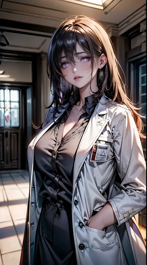 realistic beautiful doctor、amazingly beautiful、(doctor&#39;s white coat:1.8), collared shirt、(highest quality、8k、32K、masterpiece、nfsw:1.3)、超A high resolution,(Photoreal:1.4),Raw photo, detailed face,,beautiful hair, ((doctor style)), , black tight skirt、 n...