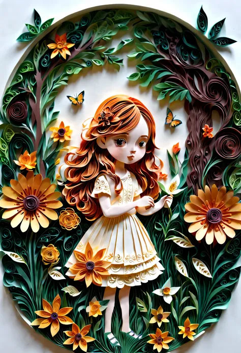 (paper art，layered paper art，paper quilling, 剪paper art术), pure white background, girl in the garden，(high detail, masterpiece, ...