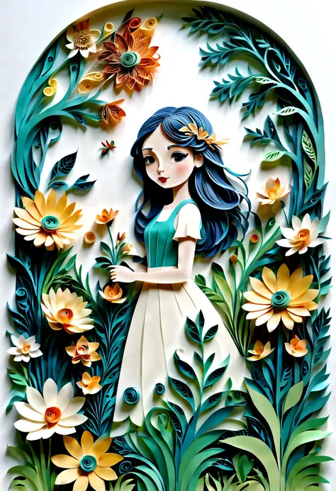 (paper art，layered paper art，paper quilling, 剪paper art术), pure white background, girl in the garden，(high detail, masterpiece, ...