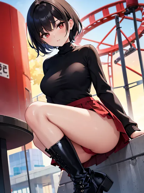 (1) A woman with short black hair is picking up her skirt.
(2) Red satin panties are visible.
(3) She is wearing a white turtleneck knit and long boots.
(4) The place is an amusement park.