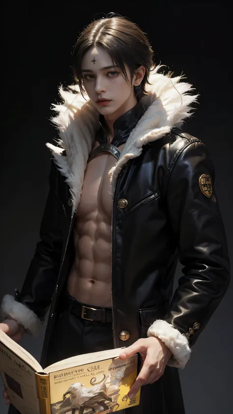 1 male, have golden eyes, are standing, handsome man,  (all back hairstyle) ,luxury black long coat with white faux fur, ハンサム an...