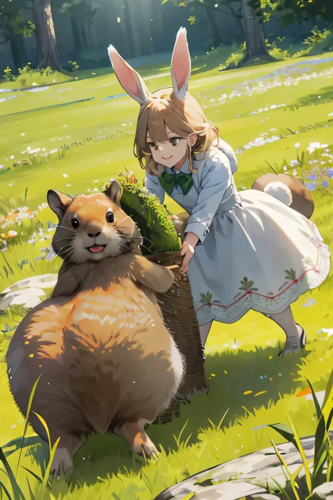 Intricately detailed image of a rabbit and groundhog engaged in a joyful play session in the lush, green grass. The rabbit, with its rounded ears and twitching nose, nibbles delicately on the blades of grass, while the groundhog, with its stocky build and ...