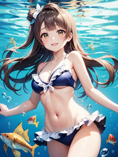 Beautiful fish from the water、swim with lots of fish,Bubble、Kotori Minami、colorful swimwear、smile、cute swimsuit、cowboy shot、Shooting from under water