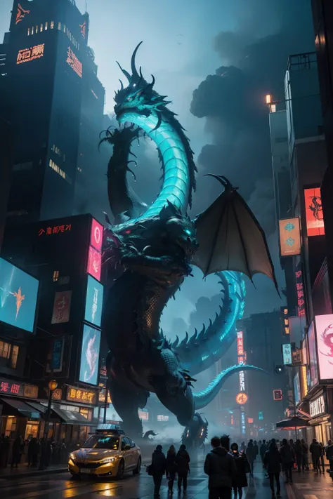 Masterpiece, highest quality, high resolution, a majestic dragon in the heart of a Cyberpunk building, its scales shimmering with neon lights, reflecting the futuristic cityscape surrounding it, glowing with a fiery aura, its wings spread wide, touching th...