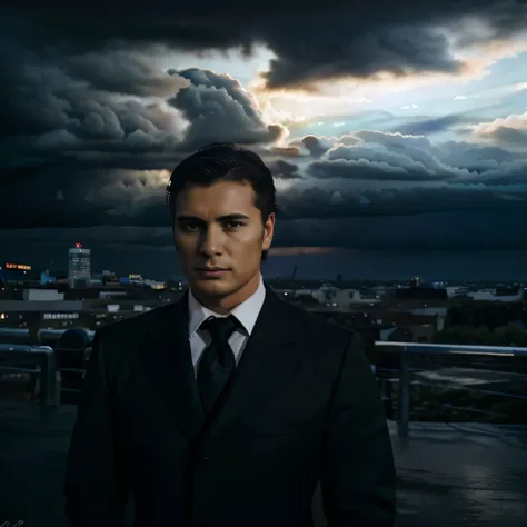 Imagen muy realista de un hombre con traje negro de pie., mirando a la camara, frente a una ciudad moderna. clima tormentoso en el fondo,, atardecer. cara realista, Traje negro con corbata.