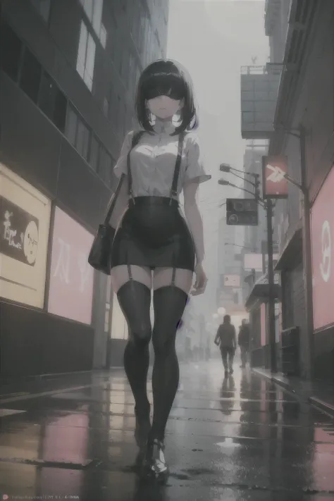 best qyality, perky tits, 8k,  stocking suspenders, Anime girl blindfolded in the middle of a busy city street, Shitao Cyberpunk art, trending on pixiv, serial art, Anime style. 8k, Anime style 4k, 4k anime wallpaper, cool anime 8k, anime cyberpunk art, an...