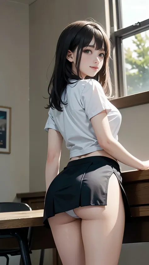 very cute and beautiful high school girl,(very detailed美しい顔と目:1.2),
smile,black hair,(mini skirt),(from below),white panties,
wooden classroom,window,distant tree々々Yamori,
(highest quality,table top:1.2),intricate details,very detailed,High resolution,alon...