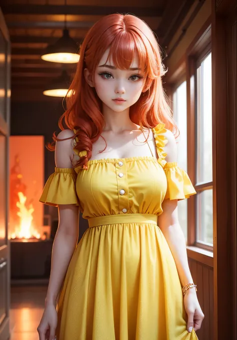 Cute girl , red hair, yellow clothes, Yellow dress, fire 🔥 