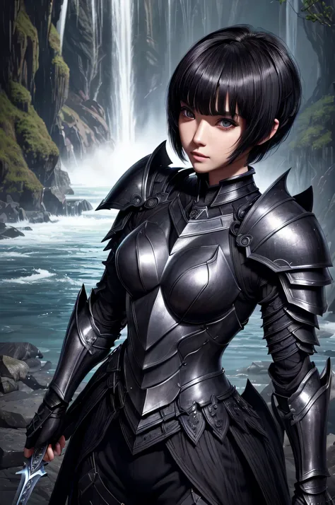 ((highest quality、masterpiece:1.3))、sharp:1.2、perfect body beauty:1.1)、Highly detailed face and skin texture、detailed eye、fantasy、(jet black armor:1.3)、double eyelid、((short hair:1.5))、(dark brown hair)、(well-groomed bangs:1.2)、((one woman))、with a sword、f...