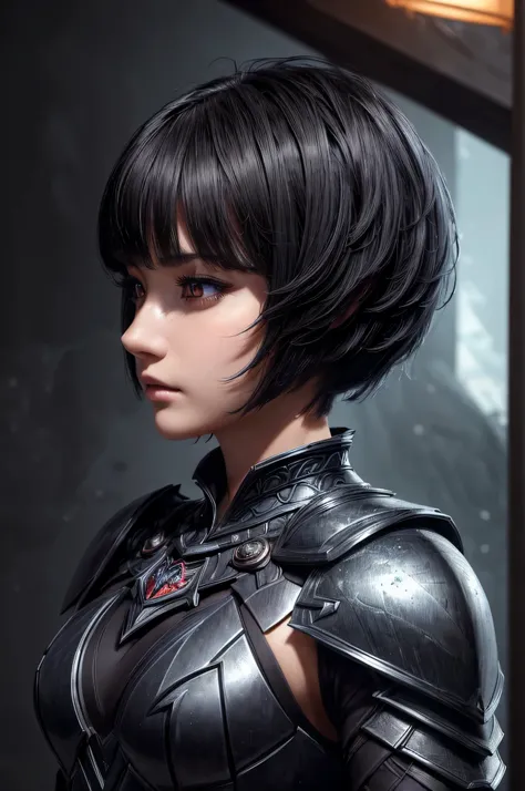 ((最high quality、masterpiece:1.3))、sharp:1.2、perfect body beauty:1.1)、Highly detailed face and skin texture、detailed eye、fantasy、(jet black armor:1.3)、double eyelid、((short hair:1.5))、(dark brown hair)、(well-groomed bangs:1.2)、((one woman))、with a sword、fan...