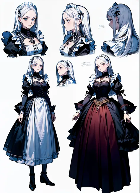 ((masterpiece)),(((best quality))),(character design sheet,same characters,front,side,back), 1 girl, alone,long white hair,(((ma...