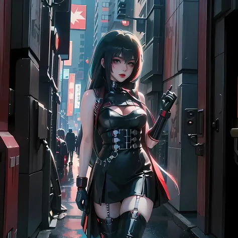 Best quality, perky tits, 8K, Suspender stockings, Anime girl in a black dress walks along a busy street, cyberpunk art, Inspired by Ross Tran, trends in computer graphics, realism, anime style. 8K, seductive anime girl, 4k anime style, trending on cgstati...