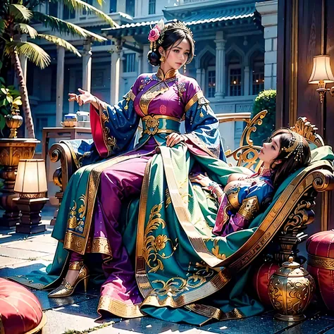 a woman with gigantic breast in a blue and pink outfit posing in a garden, wearing an ornate outfit, wearing ornate clothing, wearing ornate silk clothes, inspired by Rudy Siswanto, traditional beauty, ornate attire, intricate silk clothing, ornate clothin...