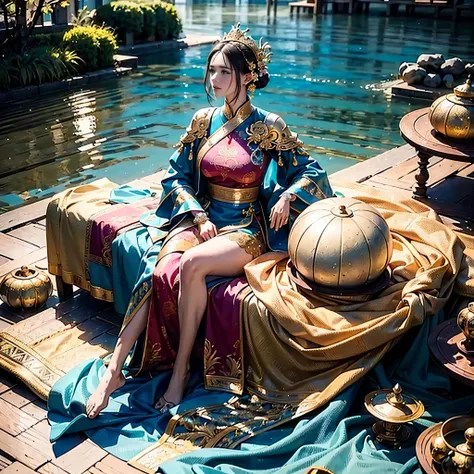 a woman with gigantic breast in a blue and pink outfit posing in a garden, wearing an ornate outfit, wearing ornate clothing, wearing ornate silk clothes, inspired by Rudy Siswanto, traditional beauty, ornate attire, intricate silk clothing, ornate clothin...