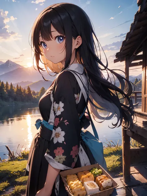 highest quality, table top, Extremely detaileded, detailedな背景, fine eyes, anime, 1 girl, beautiful eyes, young girl, long hair girl, expressive face, kimono, retro, Mountain. 富士のWind景, outdoors, sunset, beautiful sky, picnic at the lake, Wind景, scenery, ho...