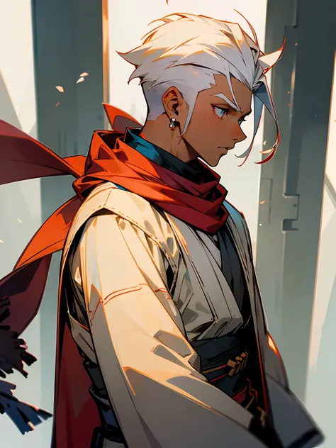 1male, dark skin, white hair, modern undercut, scarf, jedi clothing, temple