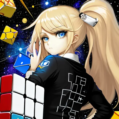 1girl blonde, Rubiks Cube view，Starry sky particles，Space capsule。