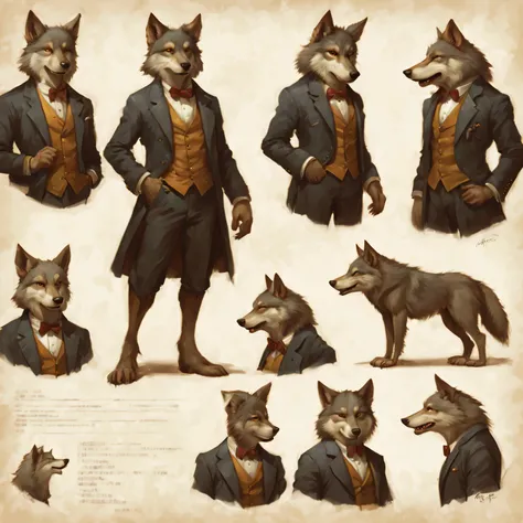 character design sheet, anthropomorphic gentleman wolf, in the style of Mark Reiden, Xue Wang, exquisite workmanship, High detail, 8K