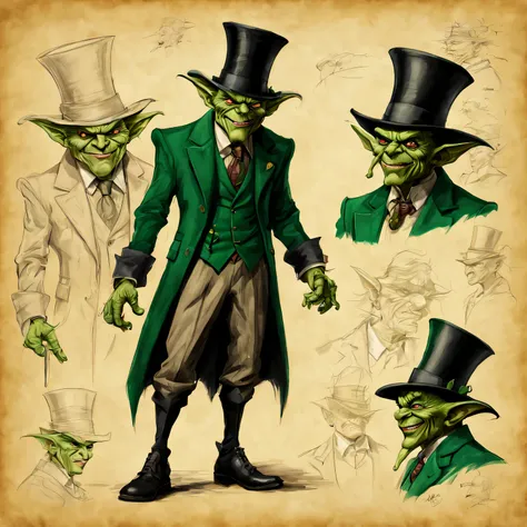 character design sheet on old parchment, pencil and acrylic sketch, green goblin in a business suit and a top hat on his head, f...