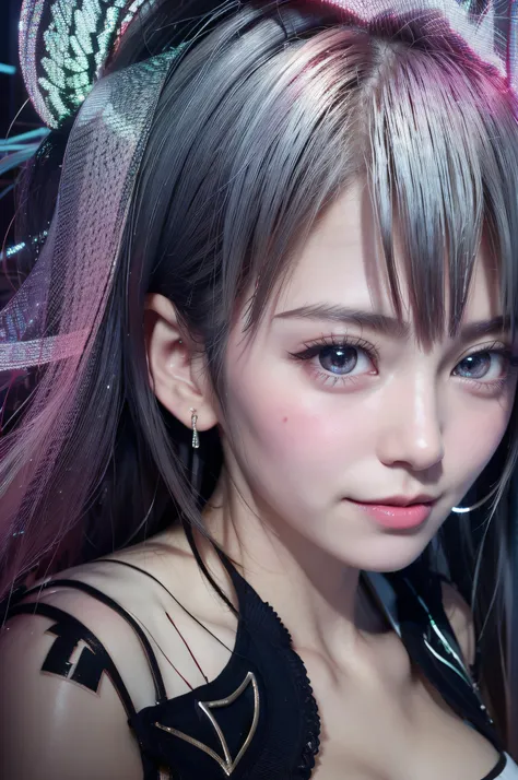 highest quality、8K masterpiece、超A high resolution、(Photoreal:1.3)、RAW photo、1 girl、silver hair、glowing skin、1 Cyberpunk Super Beautiful Soldier、((Ultra realistic details))、portrait、global illumination、Shadow、octane rendering、8k、super sharp、beautiful breast...