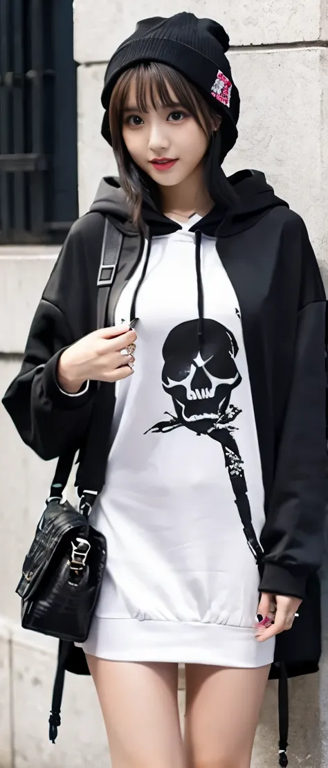 Innocent punk idol、whole body、good style、、、、、Skull print tight mini dress、、hooded jacket