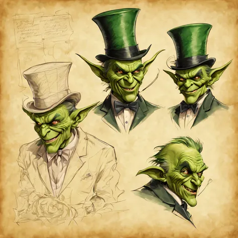 Character design sheet on old parchment, pencil and acrylic sketch, green goblin in a business suit and a top hat on his head, Front and rear view, left and right view, clear contours, High detail, A high resolution, Character Data Sheet, inscriptions and ...