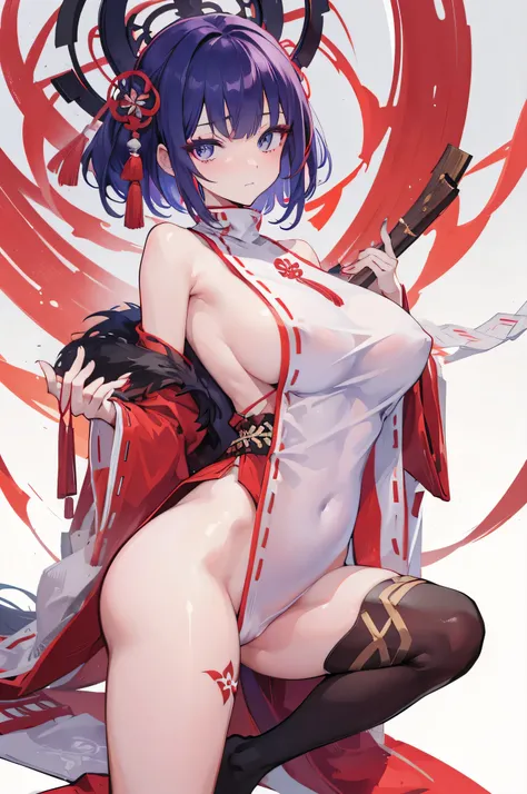 1 woman, ((detailed eyes:1.2)), wearing miko outfit, nsfw, sexy, sensual, sleeveless, sideboob, masterpiece, top quality, best quality, official art, beautiful and aesthetic:1.2), extreme detailed, colorful, highest detailed