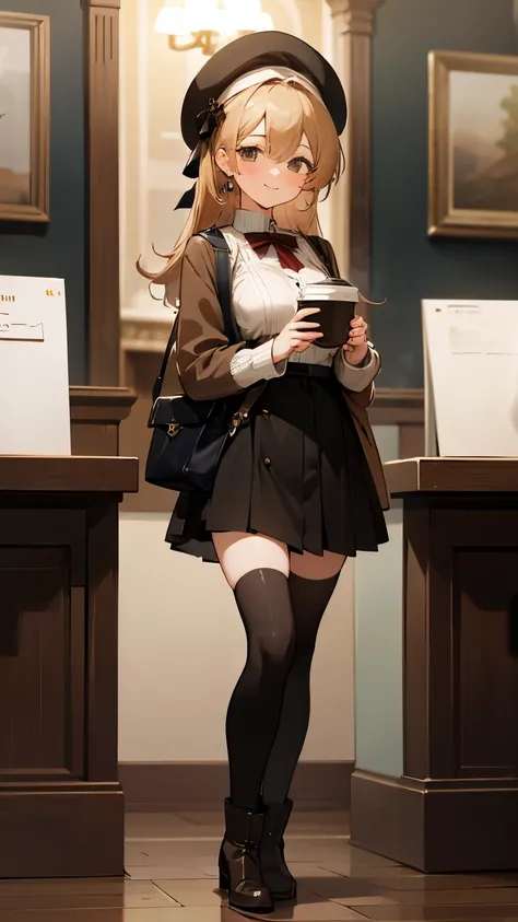 masterpiece, best quality, absurdres, highres, ultra-detailed, extremely detailed CG unity 8k wallpaper, 25 years old girl, sweater, skirt, thighhigh, boots, beret, smile, blush, standing in a coffee shop, big breast, earrings, holding a cup of coffee in h...