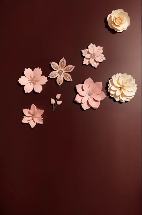 Various paper art flower background tiles，flower size differences，Detailed jewelry，9K，Burgundy color