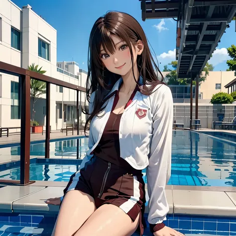 Japanese、high school student、super breasts、small and fair-skinned、Brown hair loose perm、uniform、Gym suit、woman、smile、physical education、manager、Poolside