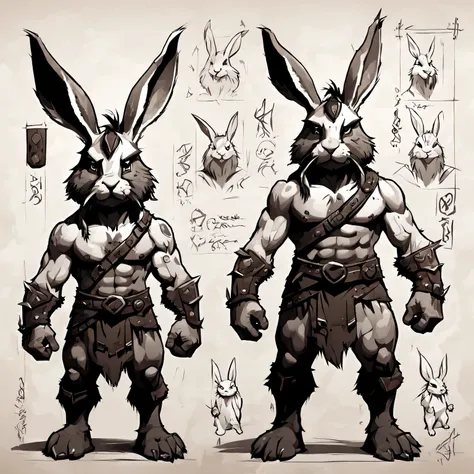 character design sheet, barbary rabbit, front view, back and side, sketch on sheet