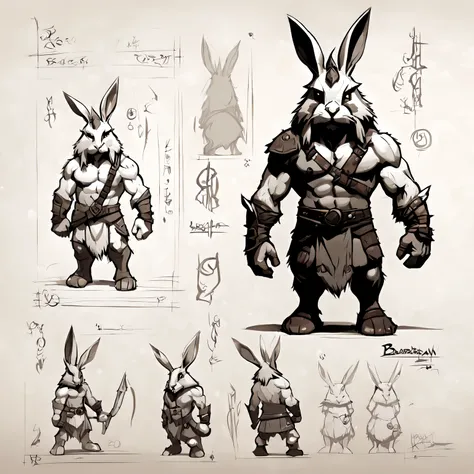 character design sheet, barbary rabbit, front view, back and side, sketch on sheet